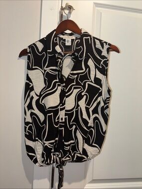 Rachel Zoe Black & White Abstract Tie-Hem Sleeveless Blouse